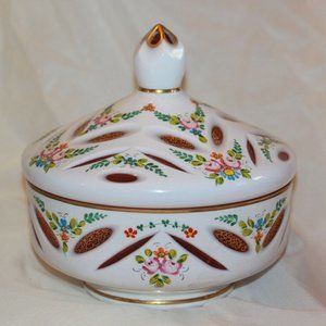 Large Czech Bohemian Cranberry to White Cased Glass Lidded Candy Dish LOT 4352